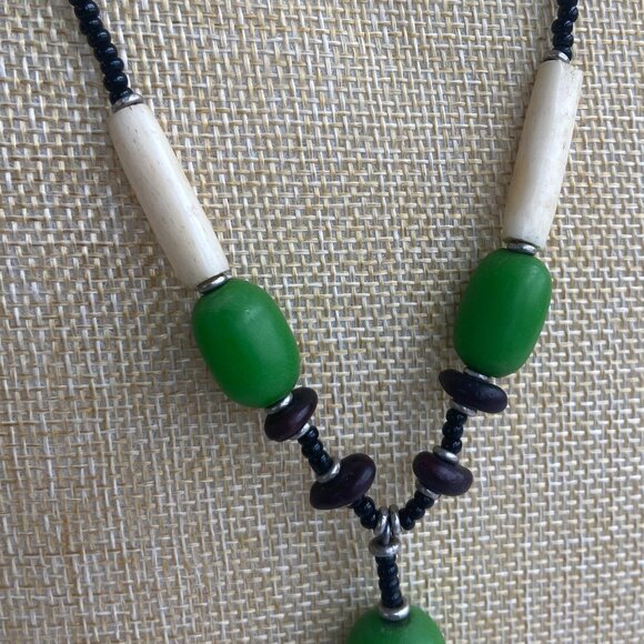 Long Dangle Necklace Black, White & Green Beads - Picture 3 of 5